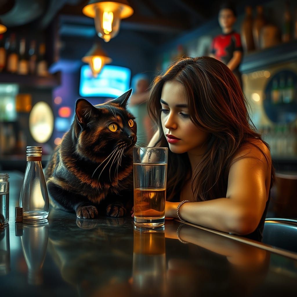 Woman and Tortoiseshell Cat Enjoying Drinks at a Bar