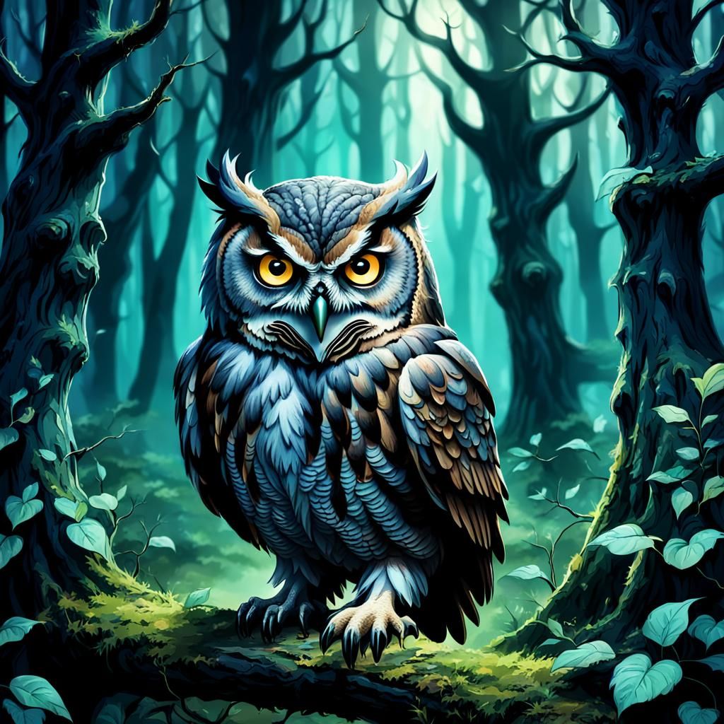 Menacing Owl in Enchanted Forest
