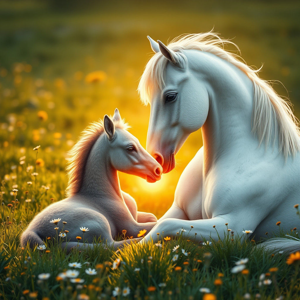 White Stallion and Foal in Meadow