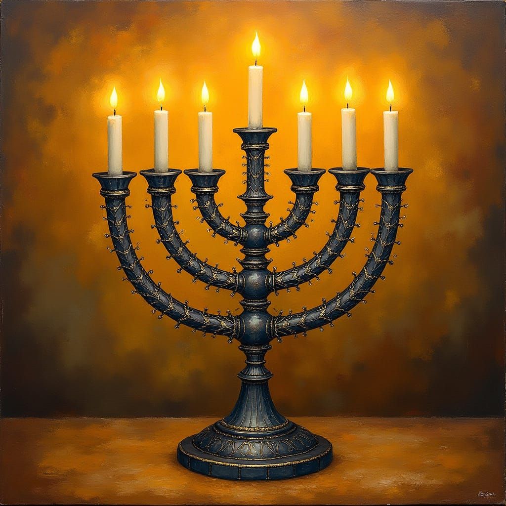 Elegant, Ornate Menorah with Intricate Filigree and Shimmeri...