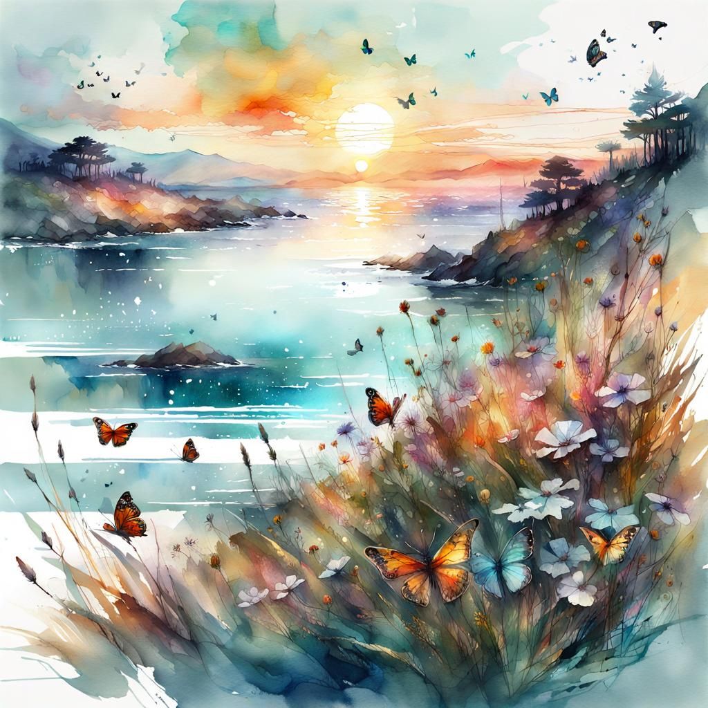 Dreamlike Sci-Fi Meadow with Butterflies, Watercolor Art