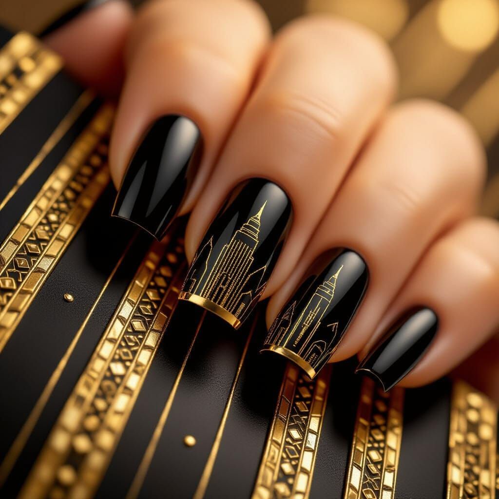 Art Deco Nail Art with Golden Edges and Sharp Lines