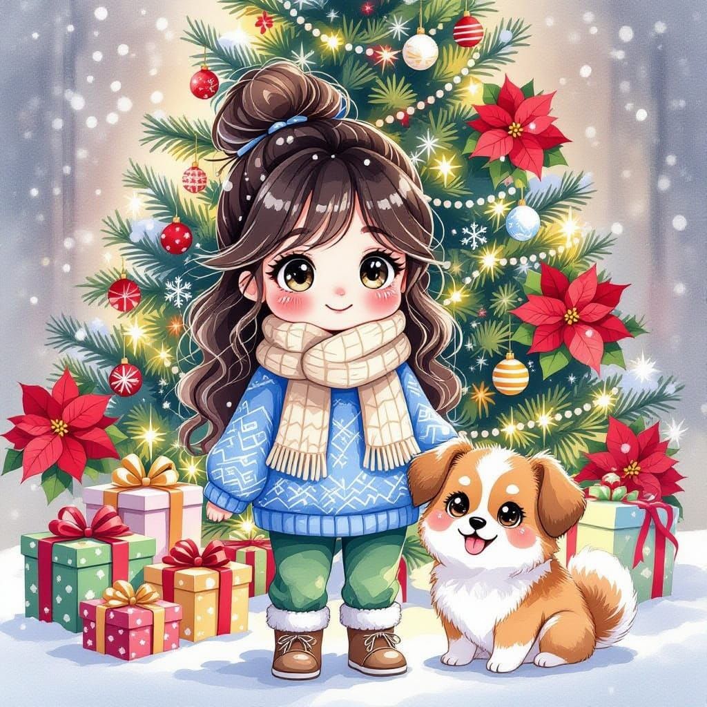 Cute Anime Girl and Westie by Christmas Tree