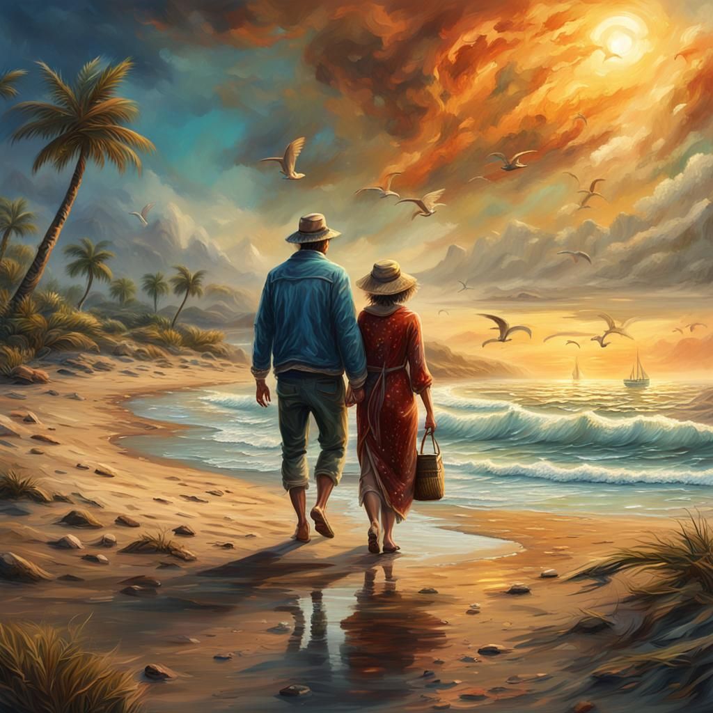 Hyperrealistic Oil Painting of Couple on Beach