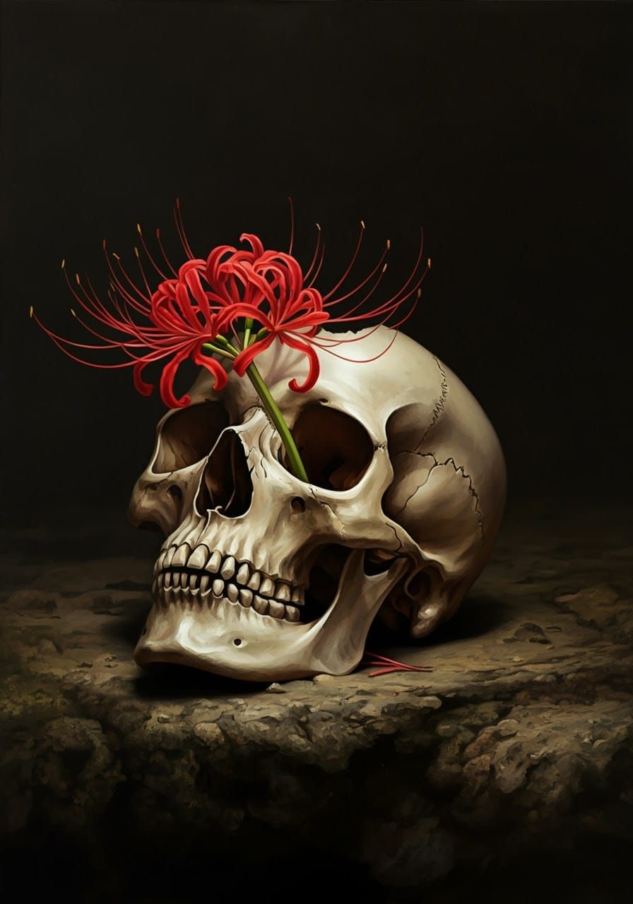 Mysterious Skull Transformed by Red Spider Lilies in Dramati...