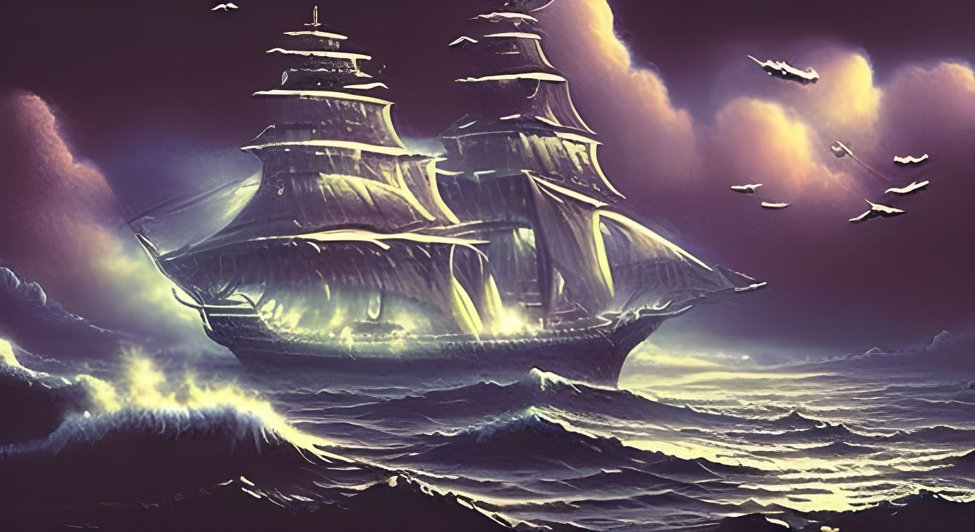Ghost Ship at Night with Blood Moon