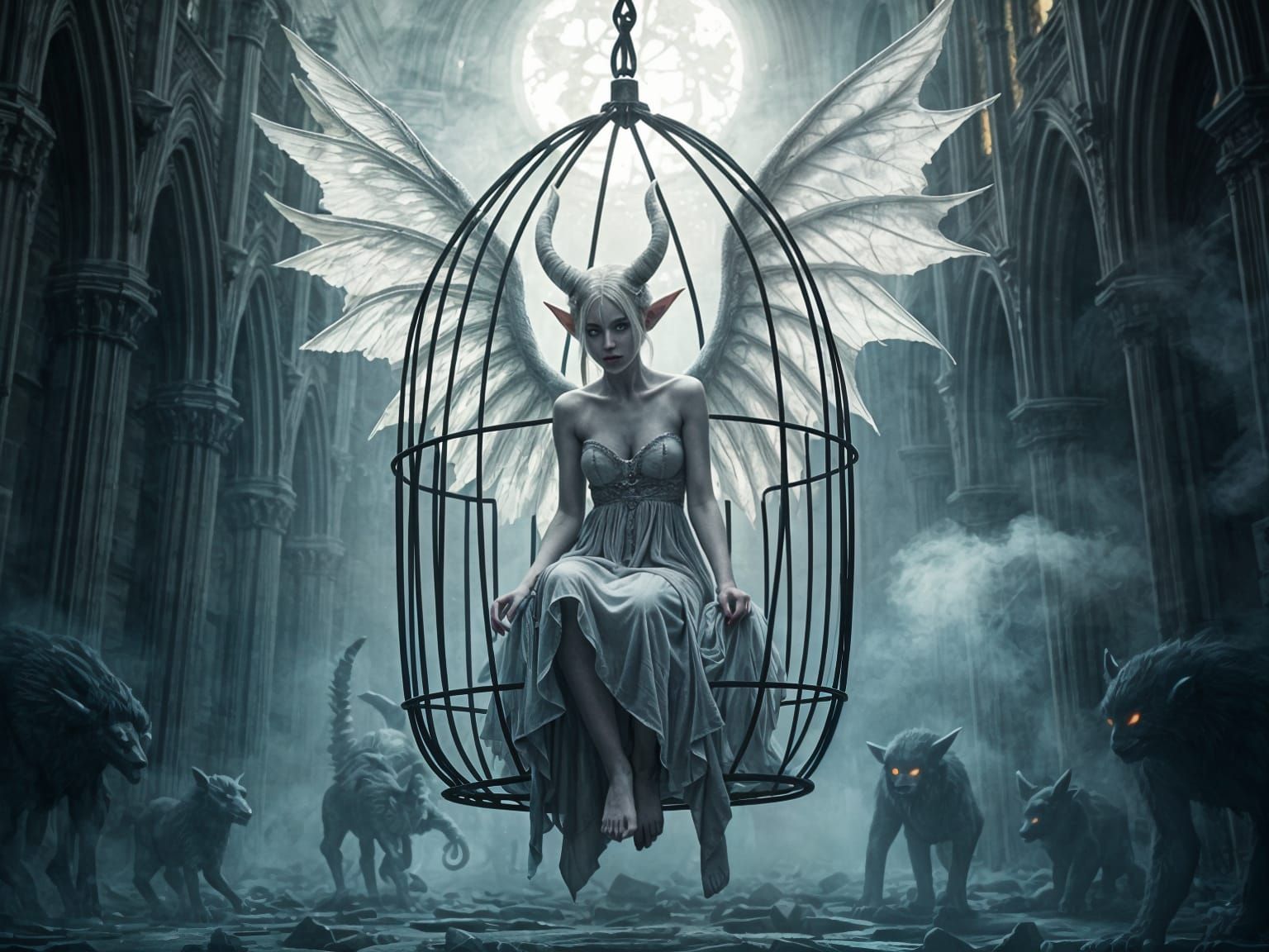 Pale Elf-Demon Hybrid in Ruined Cathedral