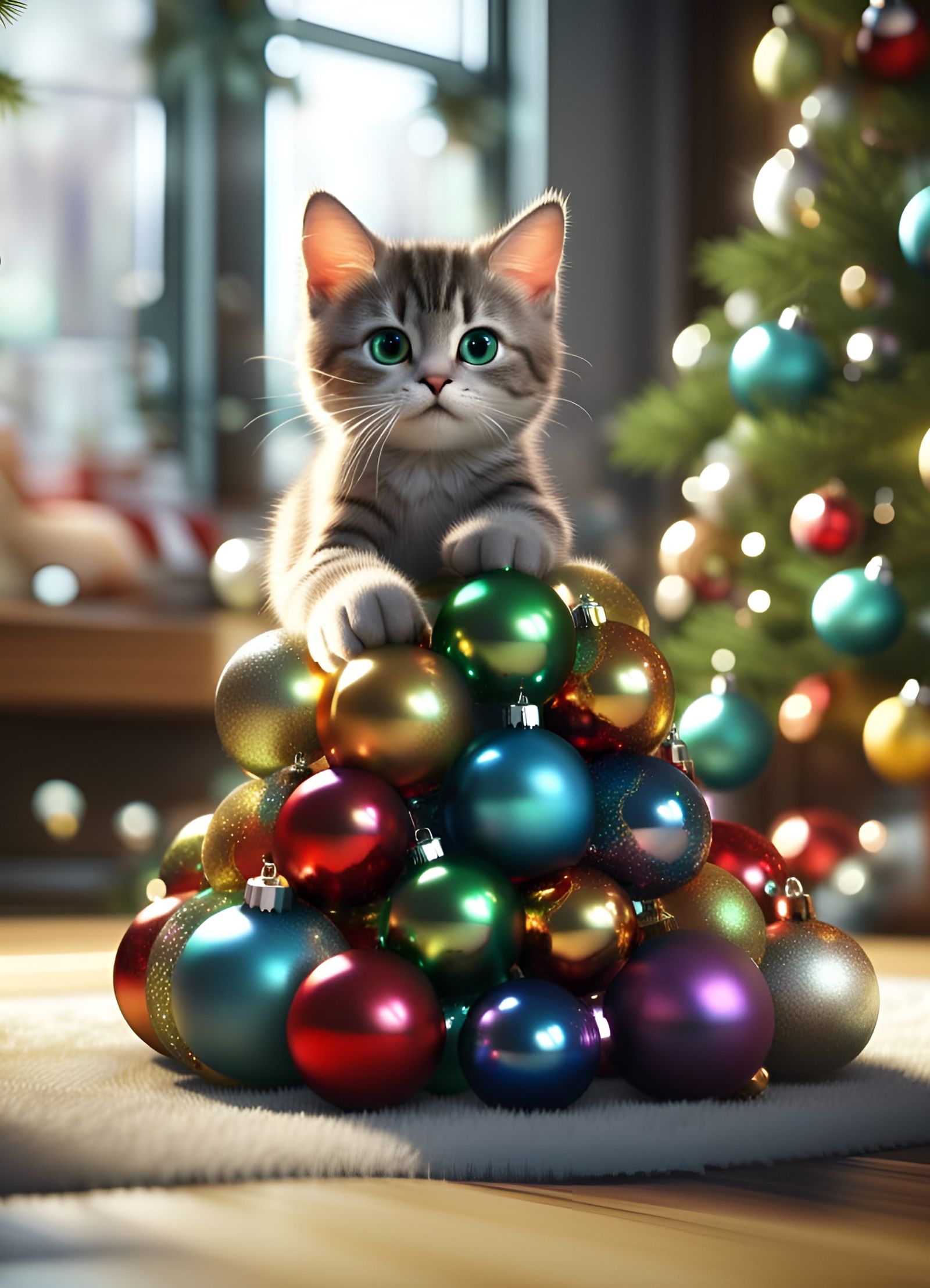 Kitten Playing Under Christmas Tree: 3D CGI Render