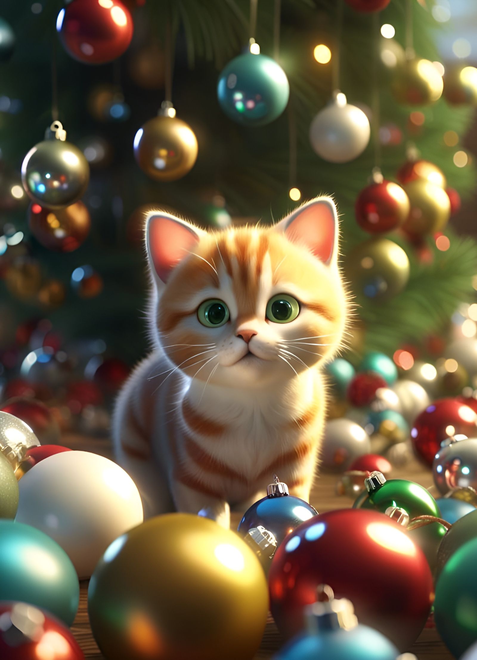 Kitten Playing Under Christmas Tree: 3D Rendered Scene