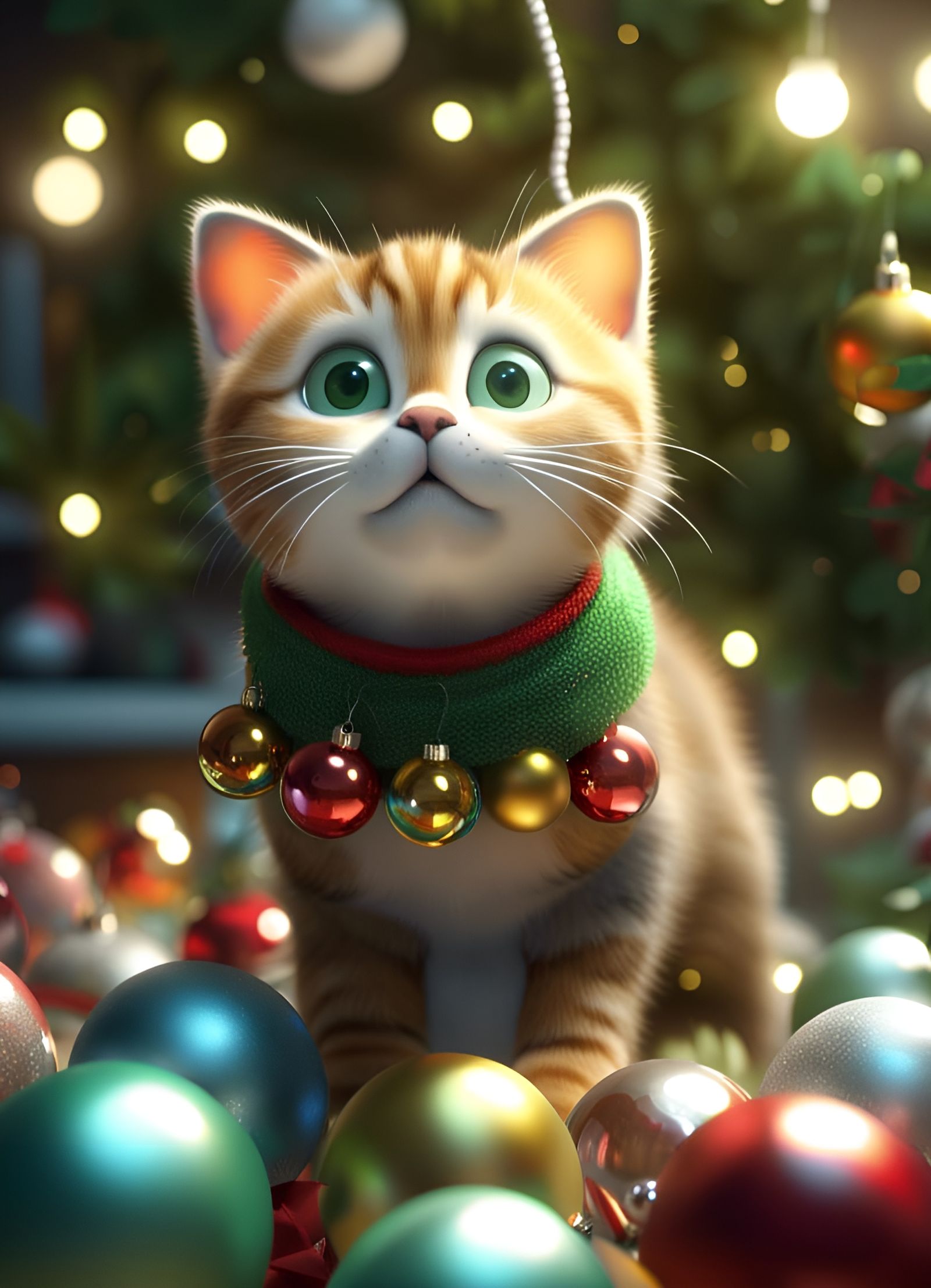 Kitten Playing Under Christmas Tree in 3D Render