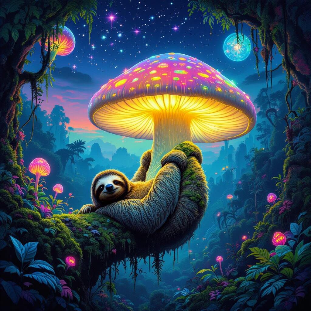 Alien Jungle Sloth on Bioluminescent Mushroom