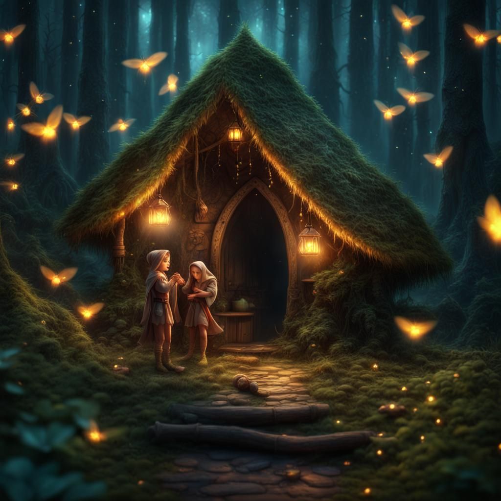 Enchanted Forest Hut with Elves and Fireflies