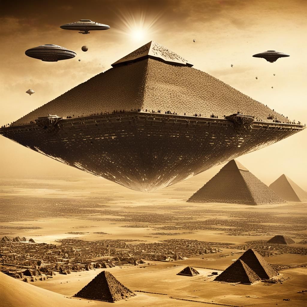 Futuristic Spaceship Over Ancient Egyptian Pyramids