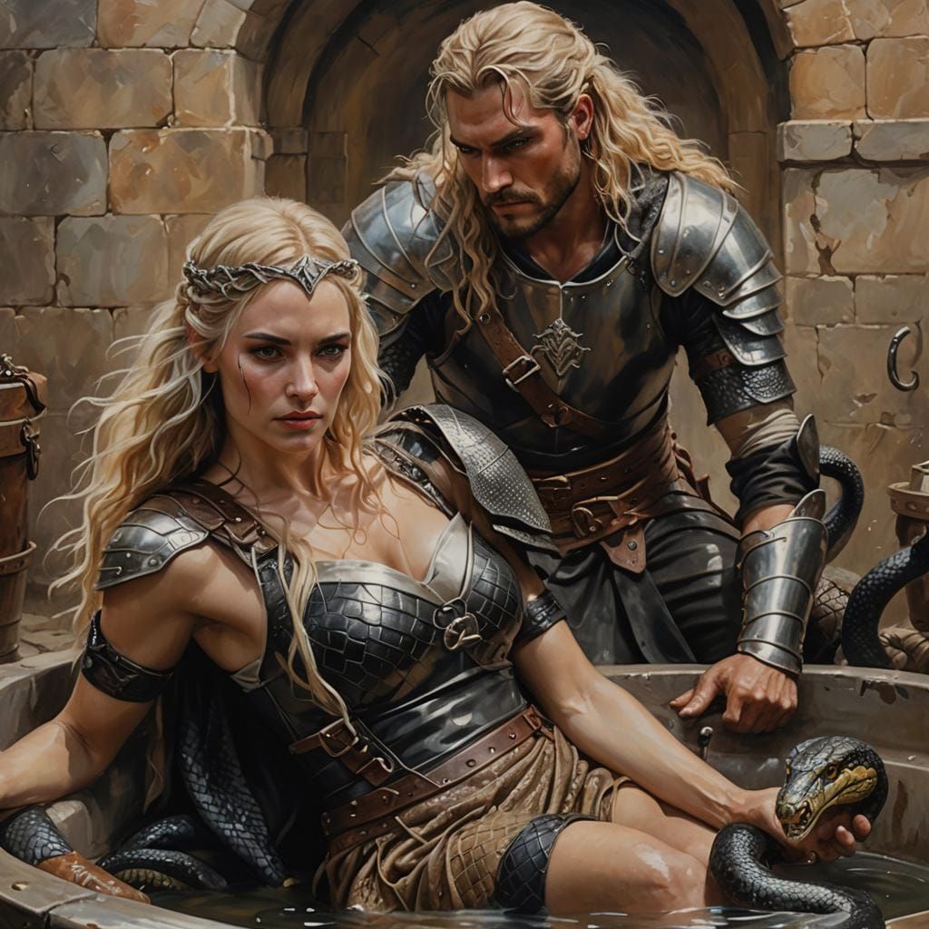 Medieval Warrior Attacked by Snake, Oil Painting