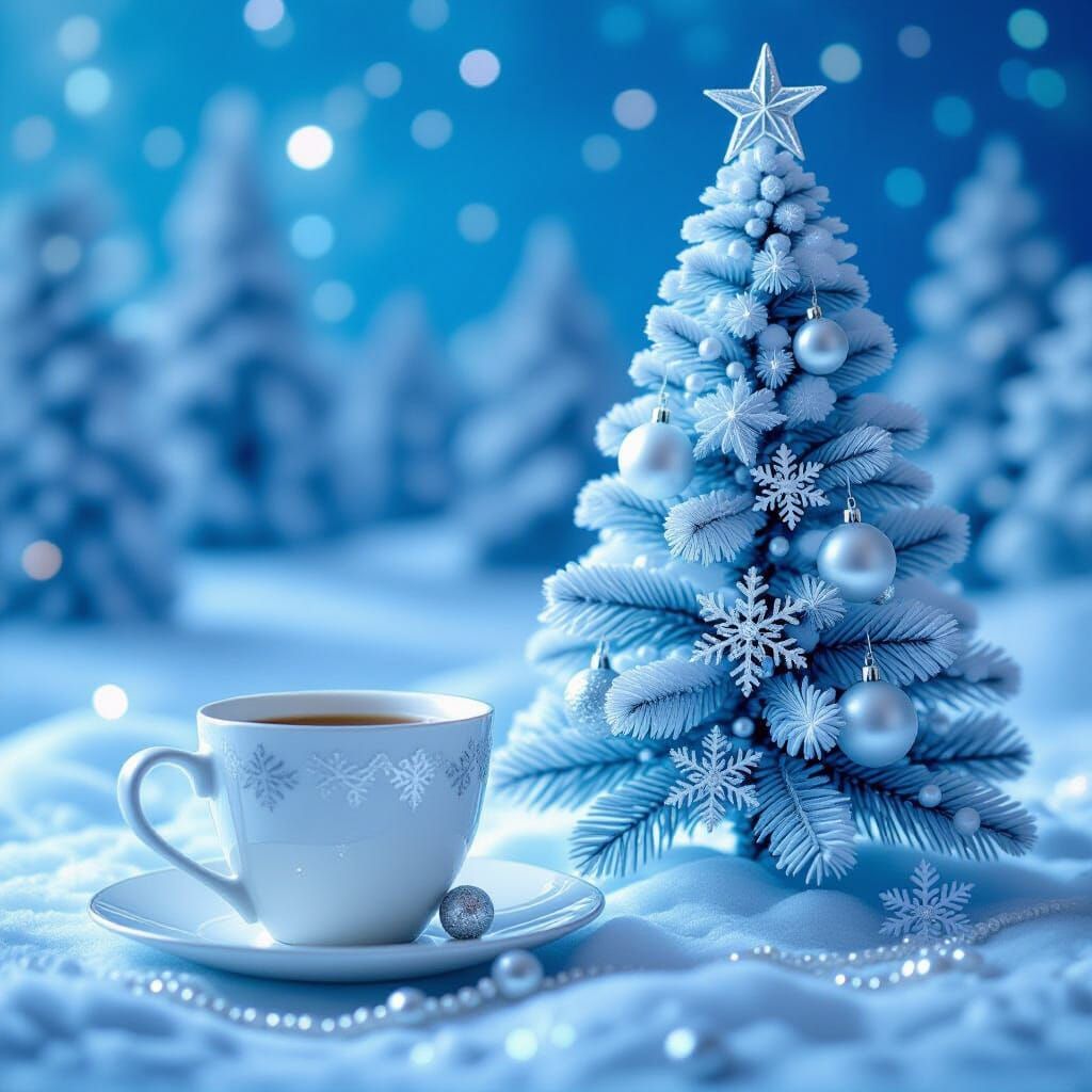 Winter Landscape with Silver Christmas Tree in Hyperrealisti...