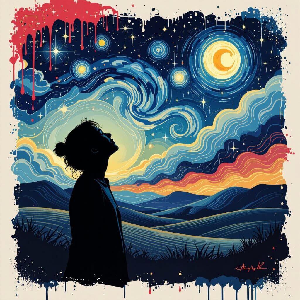 Hopeful Figure Gazes at Starry Night Sky in Van Gogh Style