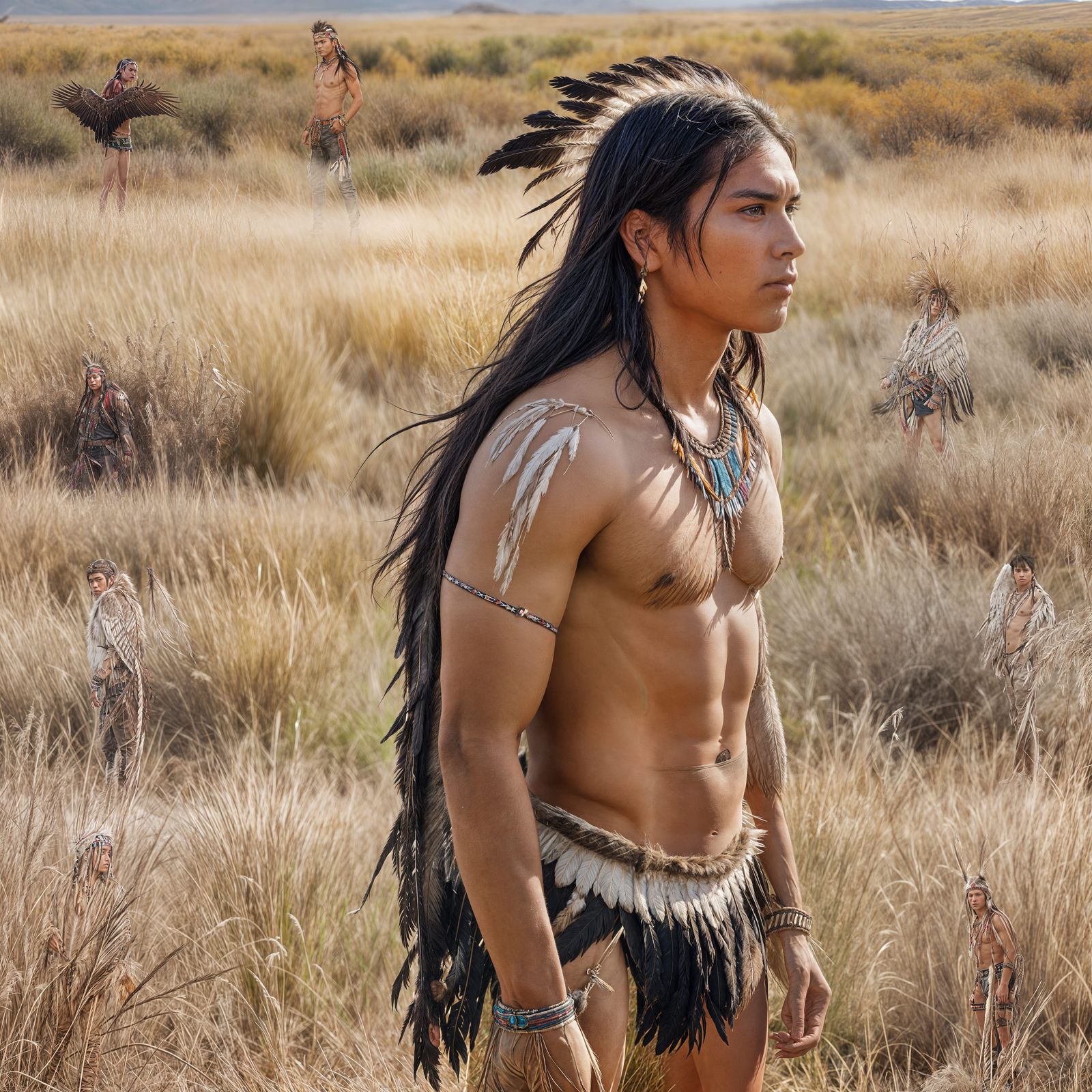 Native American Male Portrait with Eagle Feathers