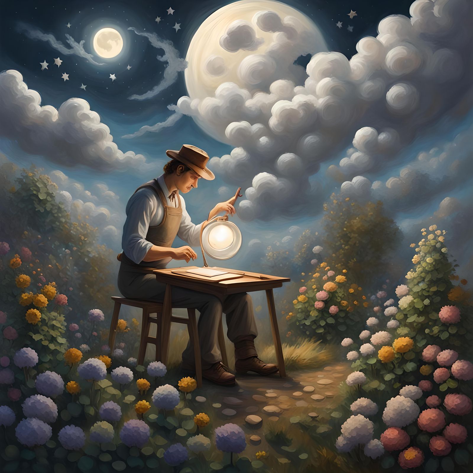 Moonlight Gardener Tending to Glowing Stars