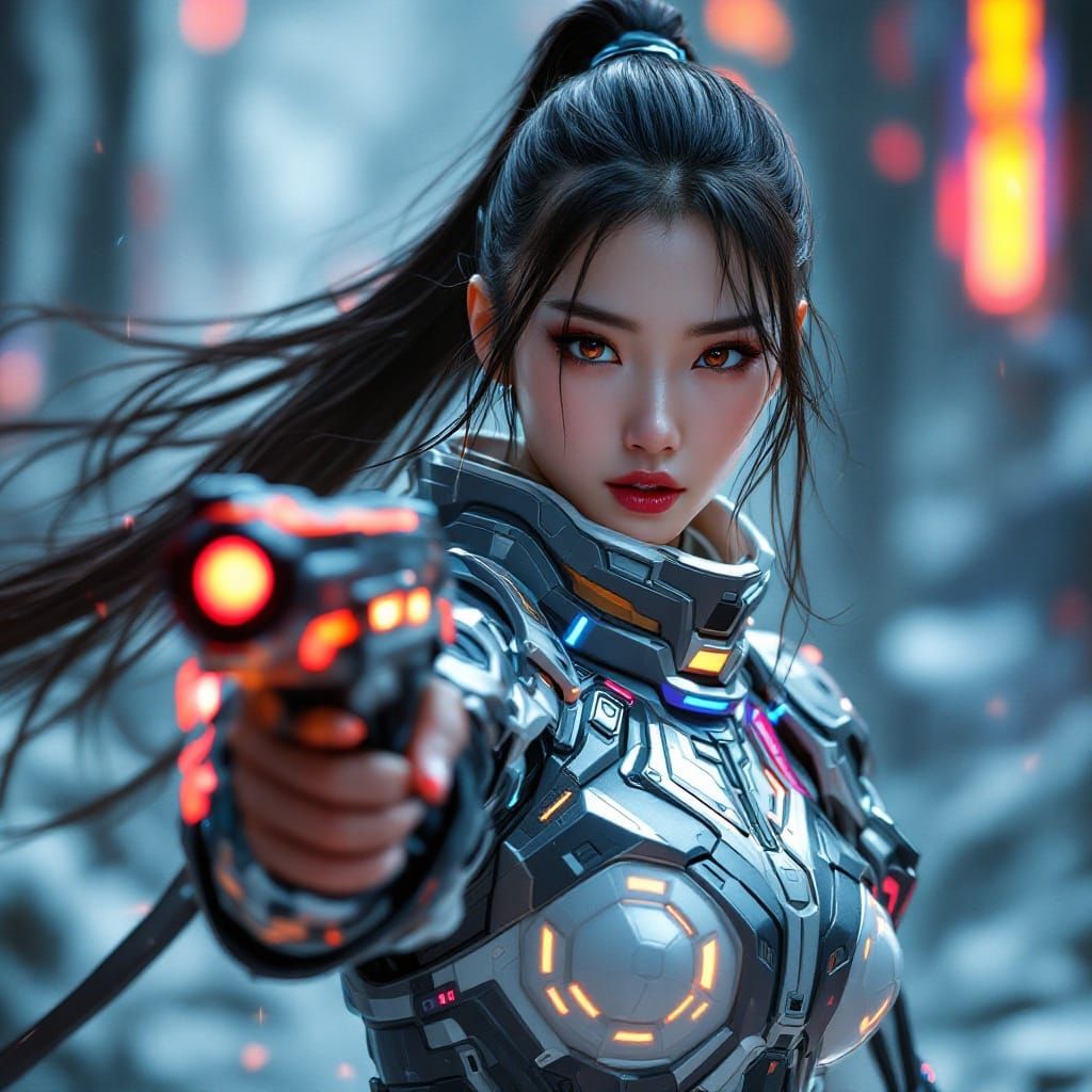 Chinese Warrior Woman in Space Fleet Combat Exosuit Holding...