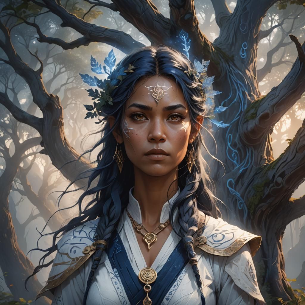 Rebel Woman Portrait Before Mystical Tree