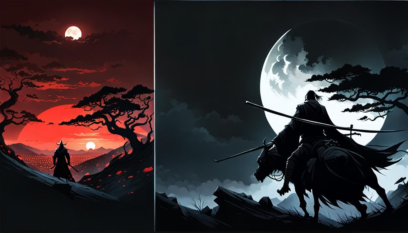Samurai Under Blood Moon: Digital Illustration