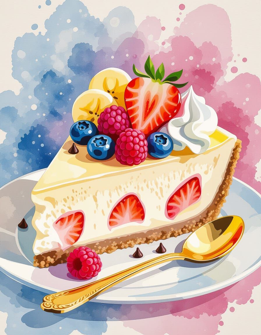 Decadent Cheesecake Slice in Watercolor Splash Art Style