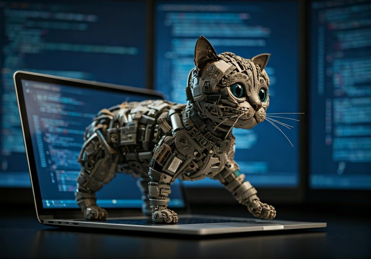 Cyberpunk Kitten Walking on Laptop Keyboard