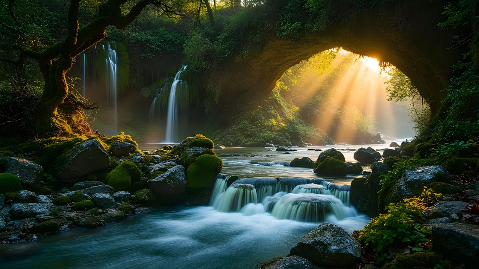 Bioluminescent Grotto Waterfall at Sunset