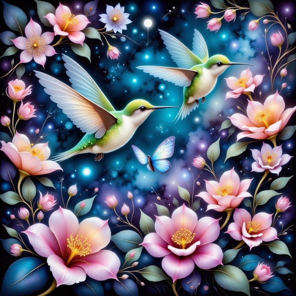 Whimsical Humming Birds in Enchanted Twilight Garden