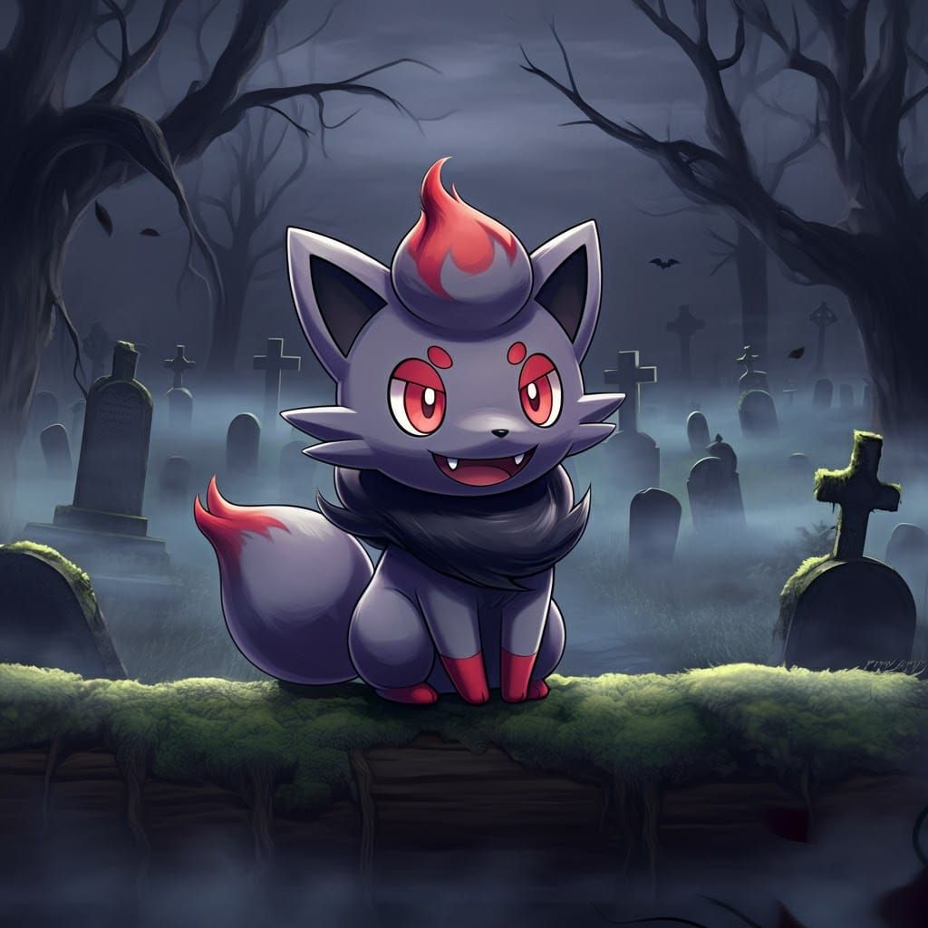 Zorua in Spooky Cemetery, Anime Style Illustration