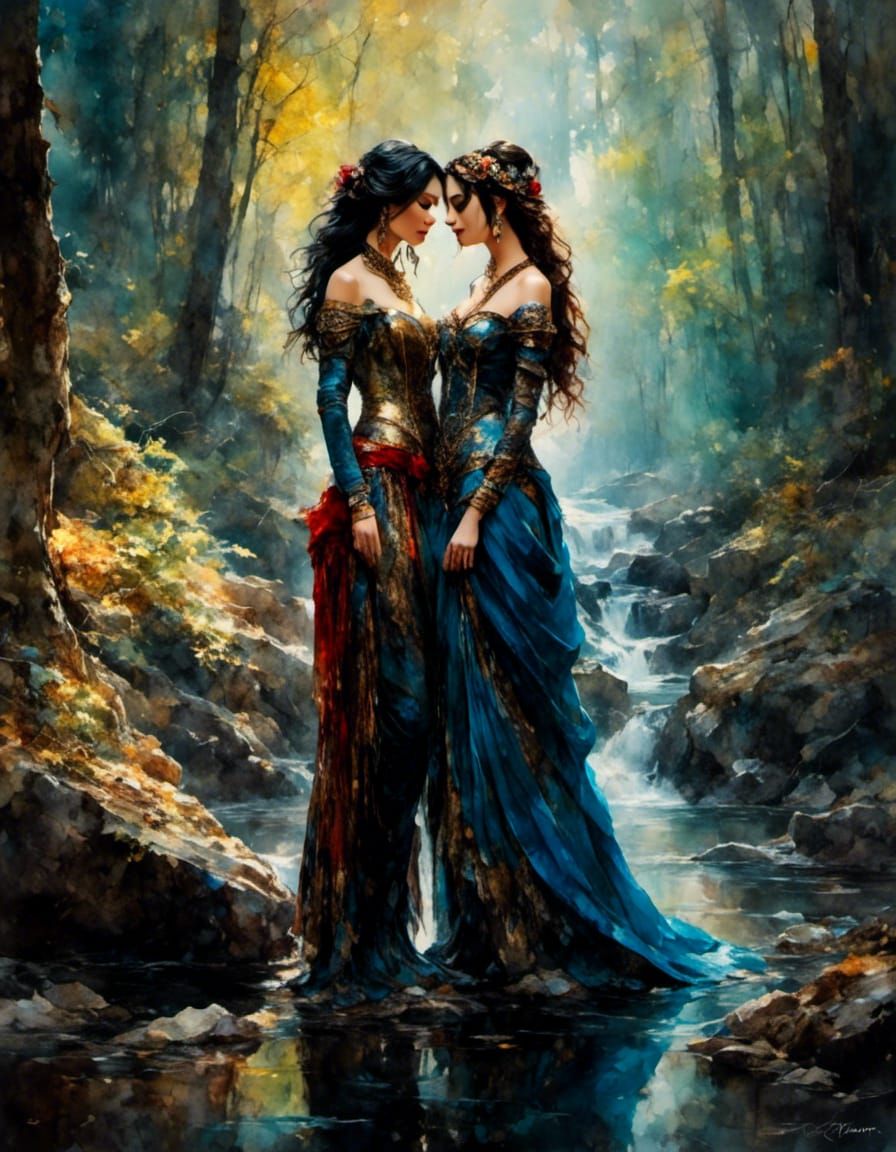 Romantic Lesbian Couple in Fantasy Forest