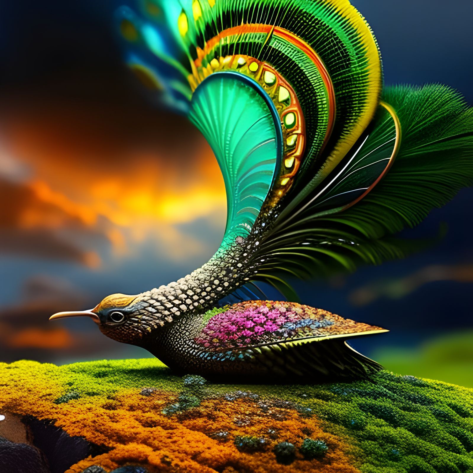 Snail-Peacock Hybrid: Detailed CGI Fantasy Creature