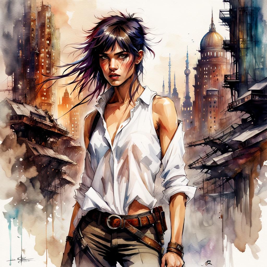 Sci-Fi Steampunk Warrior in Digital Watercolor