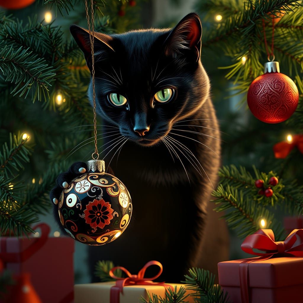 Regal Black Cat Bats at Christmas Ornament Amidst Lush Chris...