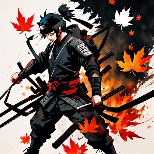 Ninja Double Exposure Portrait with Maple Leaves