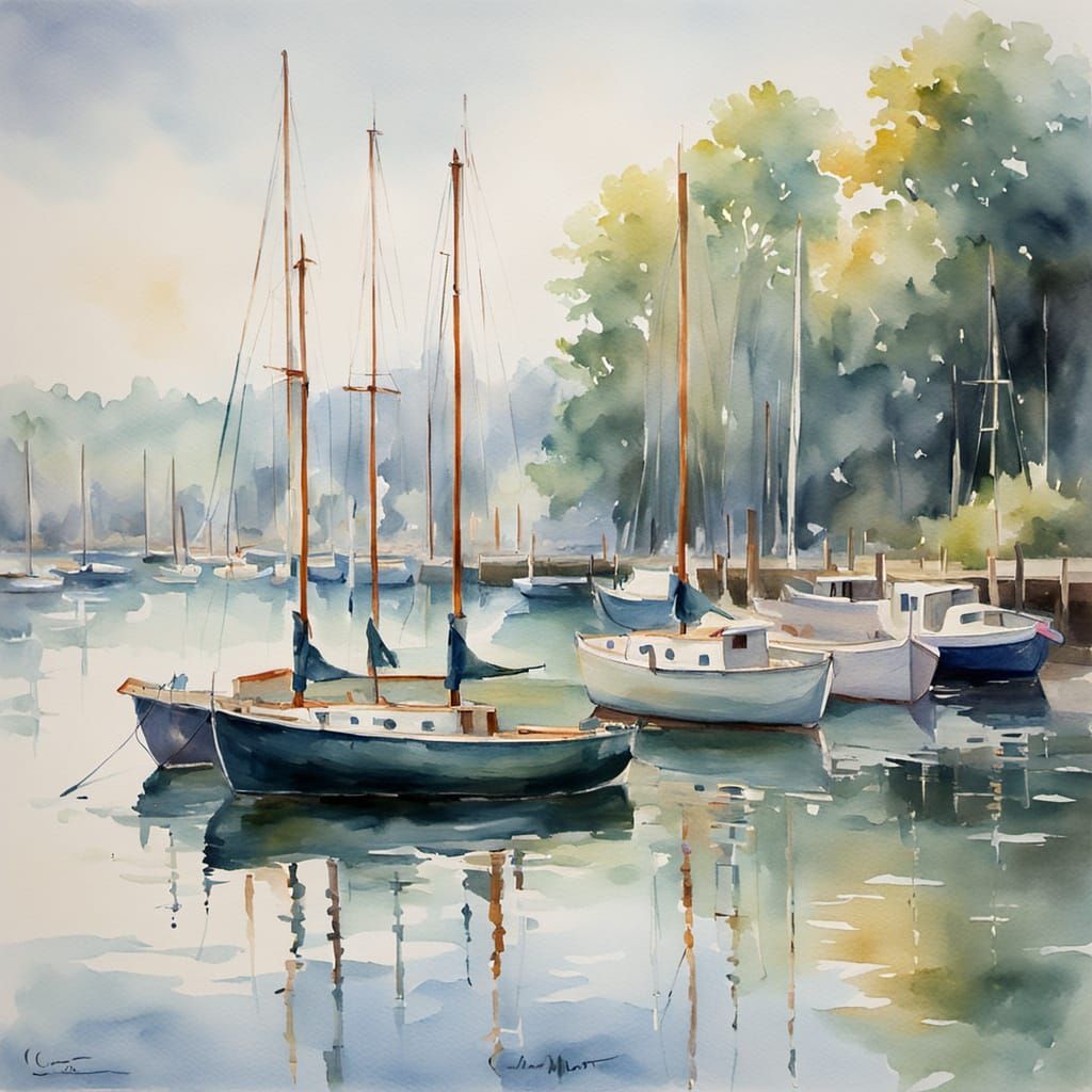 Impressionist Watercolor of Serene Harbor Scene