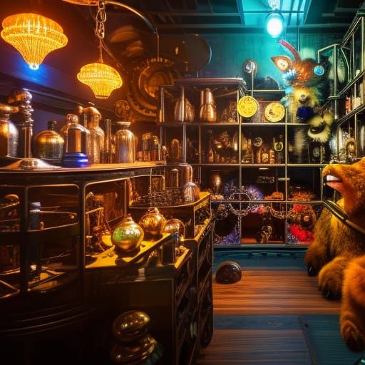 Steampunk Monster Critter Pet Shop in Cel-Shaded Style