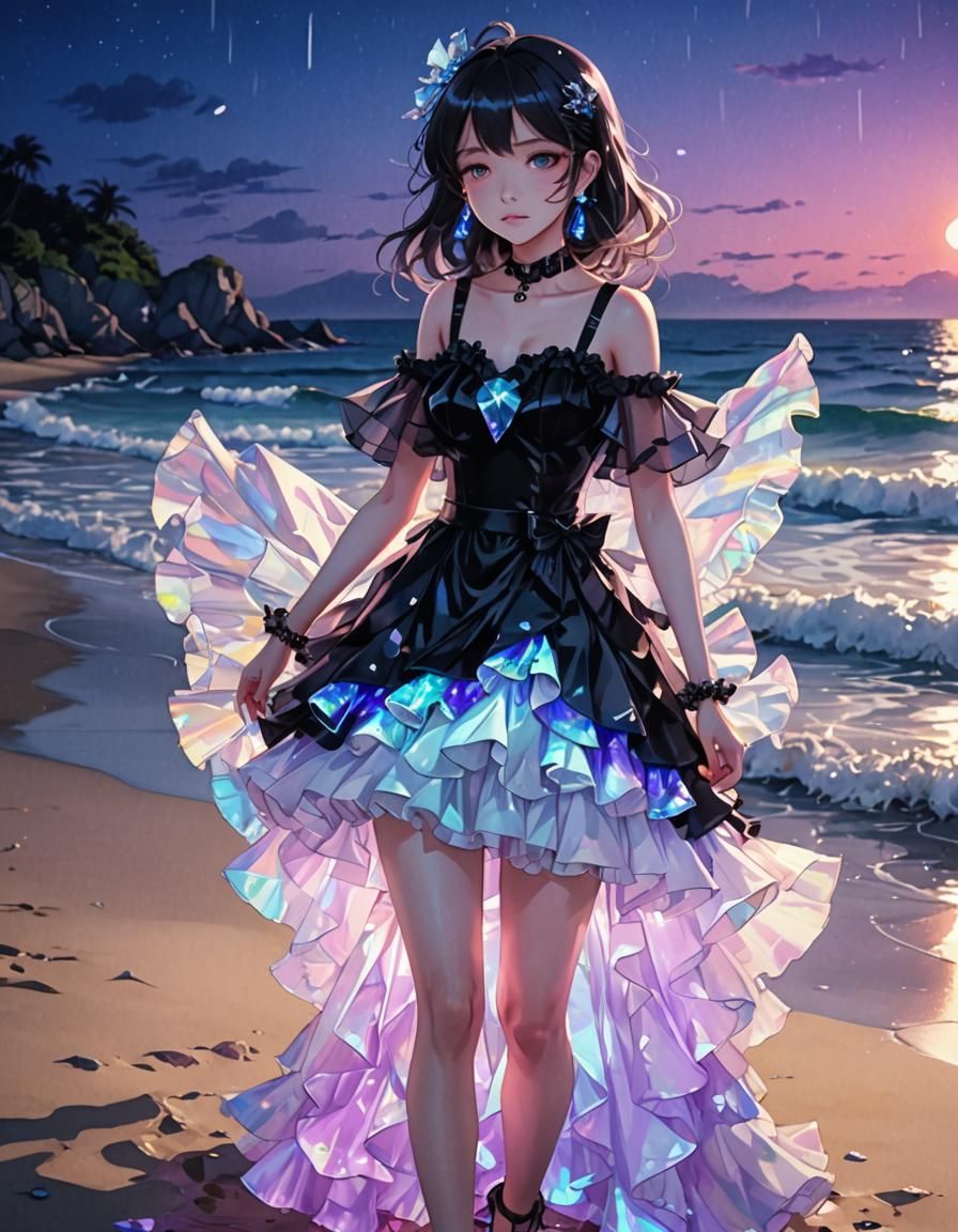 Anime Beach Scene with Crystalline Dress in Watercolor Style