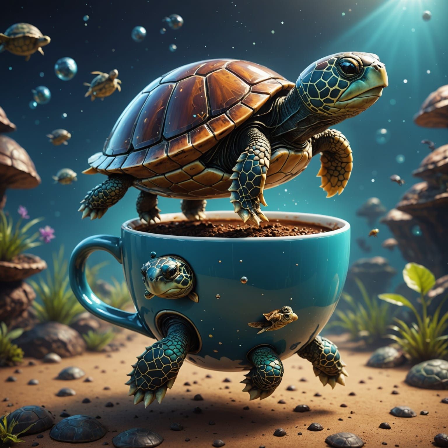 Surreal Spaceship of Coffee Cup Rides Cute Turtle Through Fa...