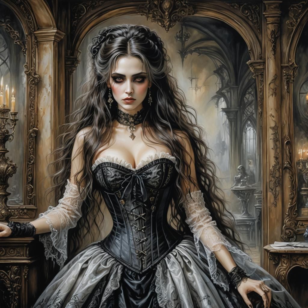 Gothic Woman in Elegant Bedroom Oil Painting