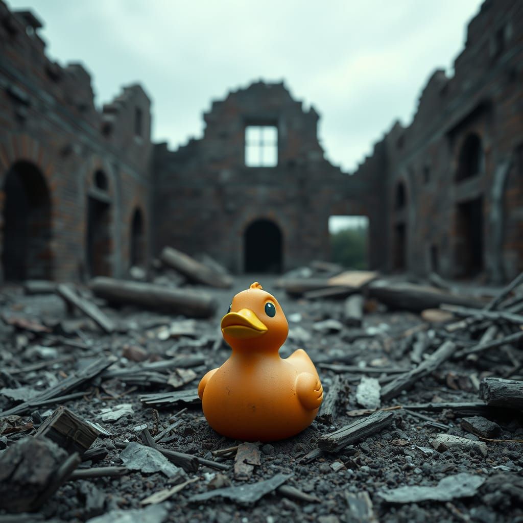 Forlorn Rubber Duck Amidst War-Torn Ruins