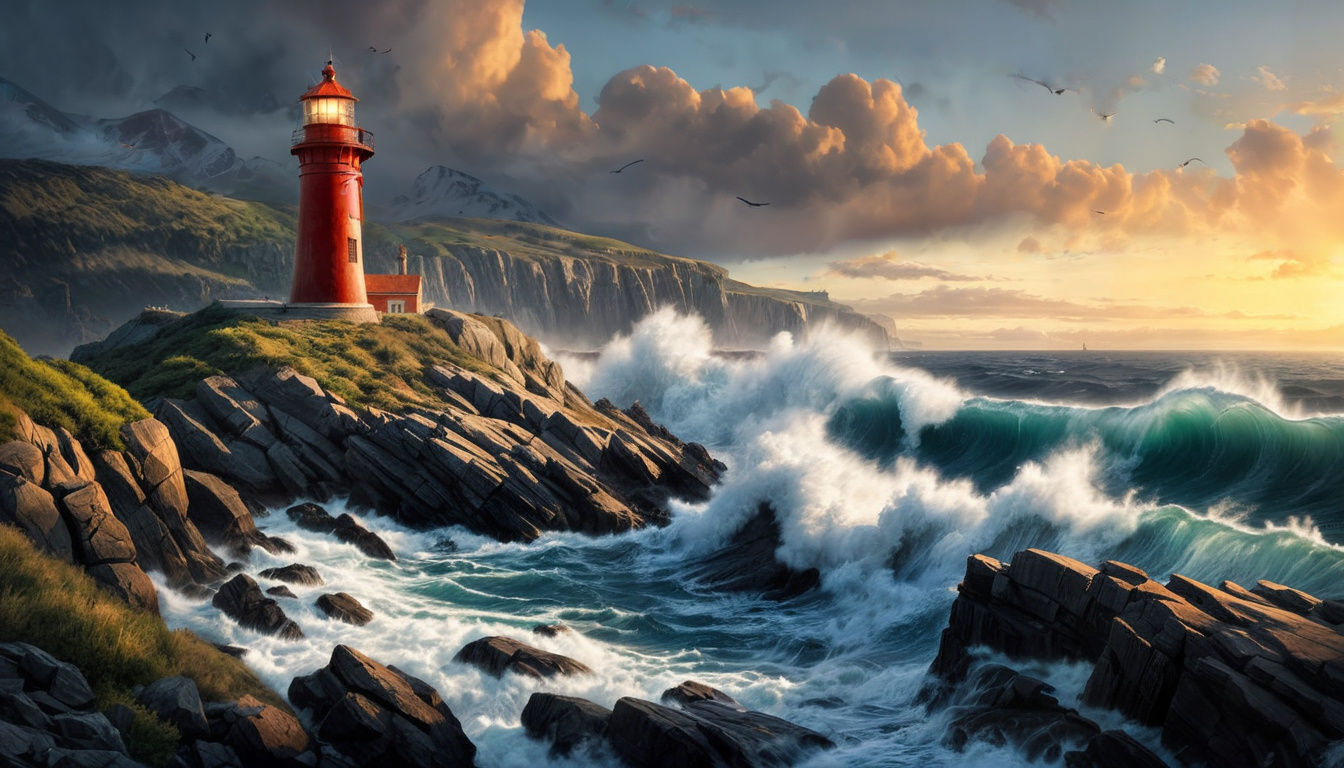 Red Lighthouse on Cliff in Storm, Hyperrealistic Style