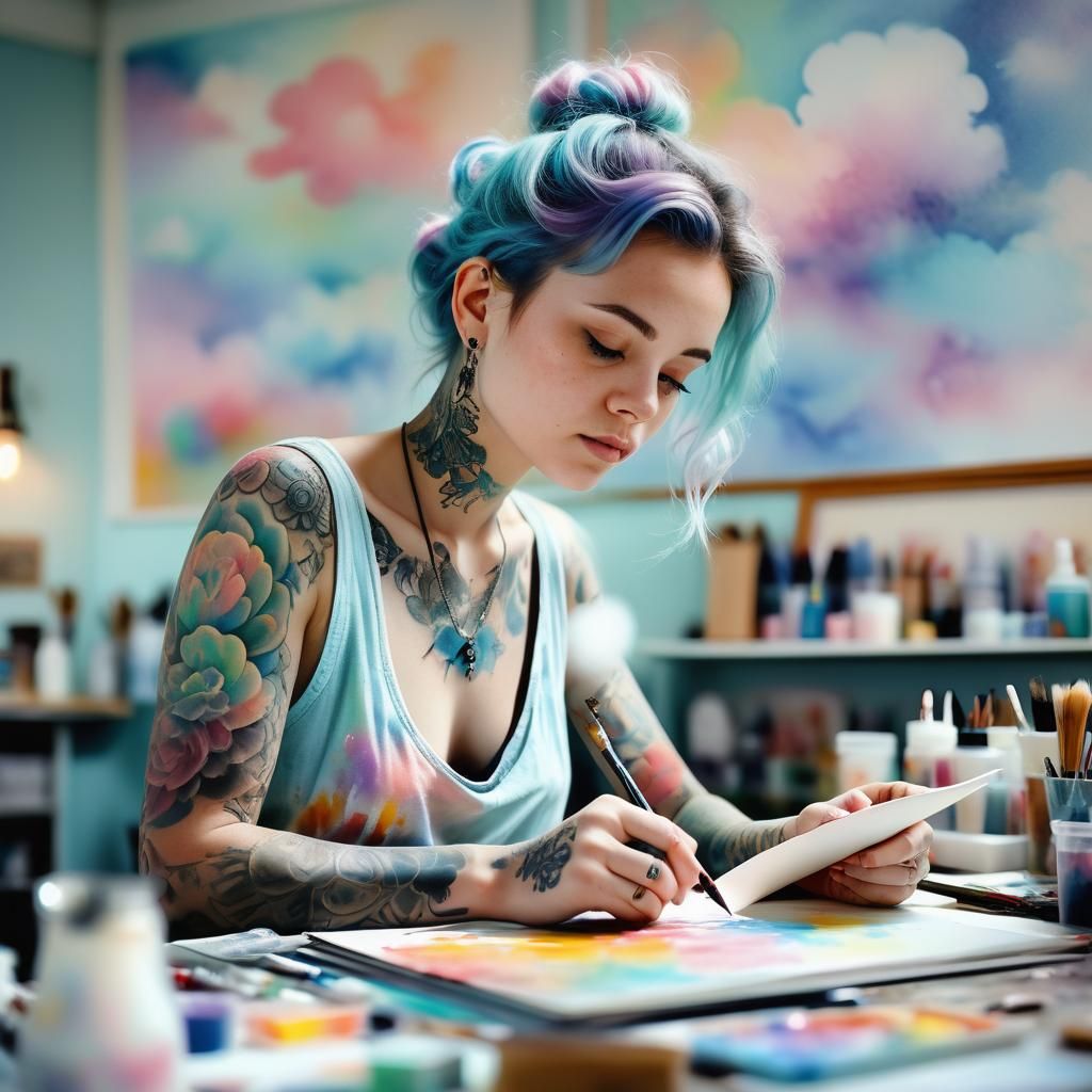 Watercolor Portrait of Tattoo Artist Sketching Design