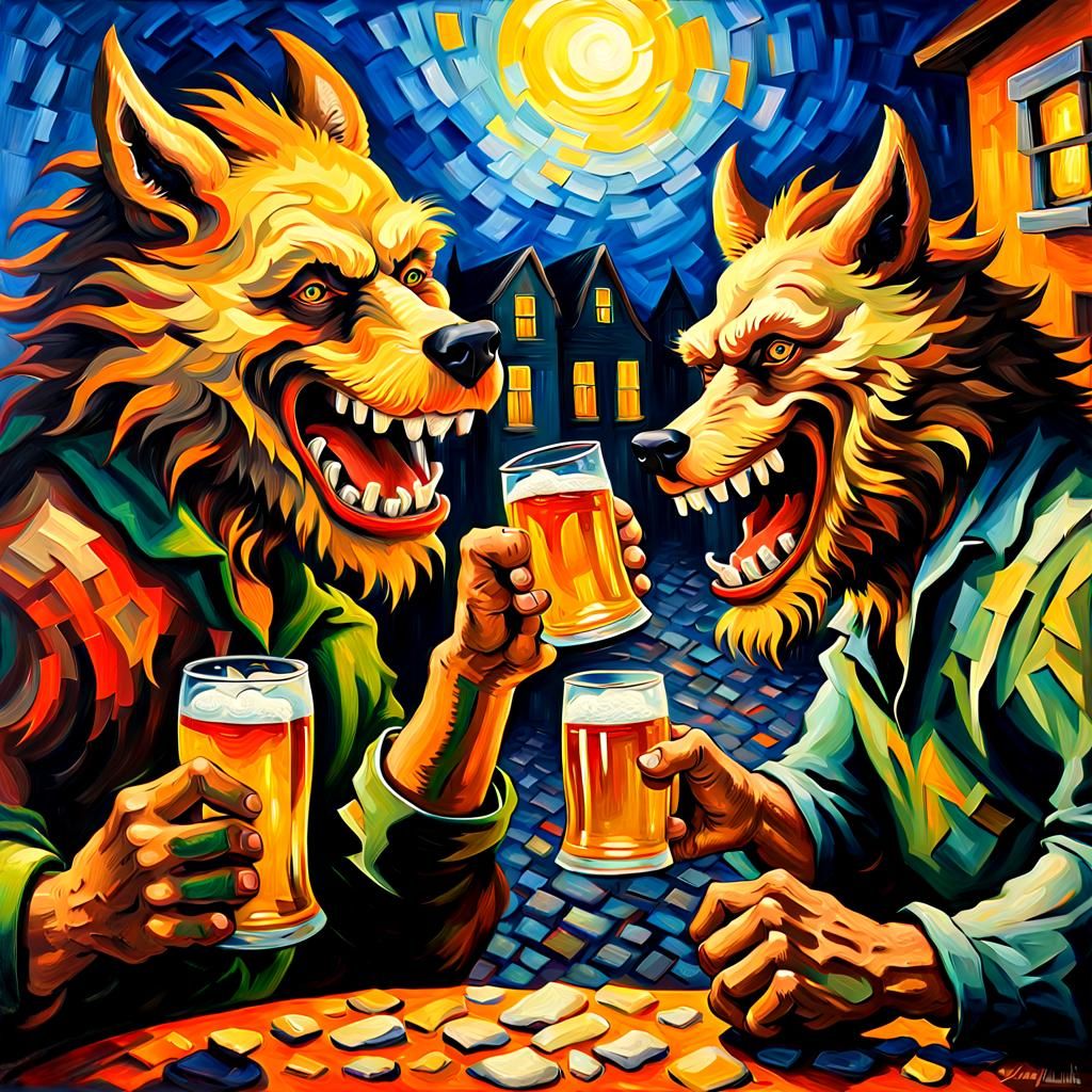 Werewolves Celebrate Oktoberfest: An Impasto Oil Painting