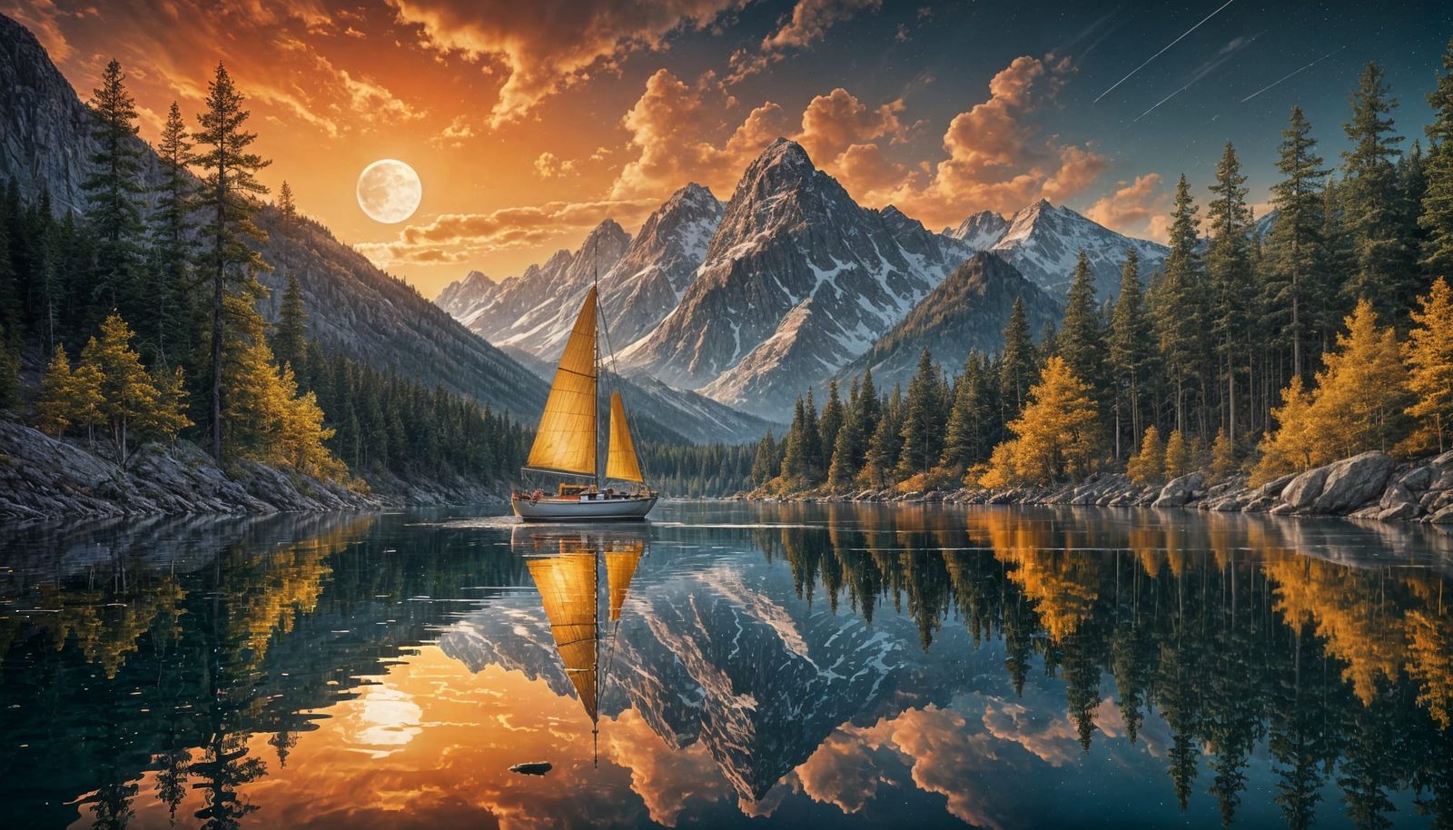 Sailboat on Lake Under Full Moon: Splash Art