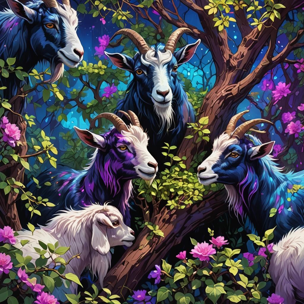 Neon Pygmy Goats in Argan Trees: Fantasy Art