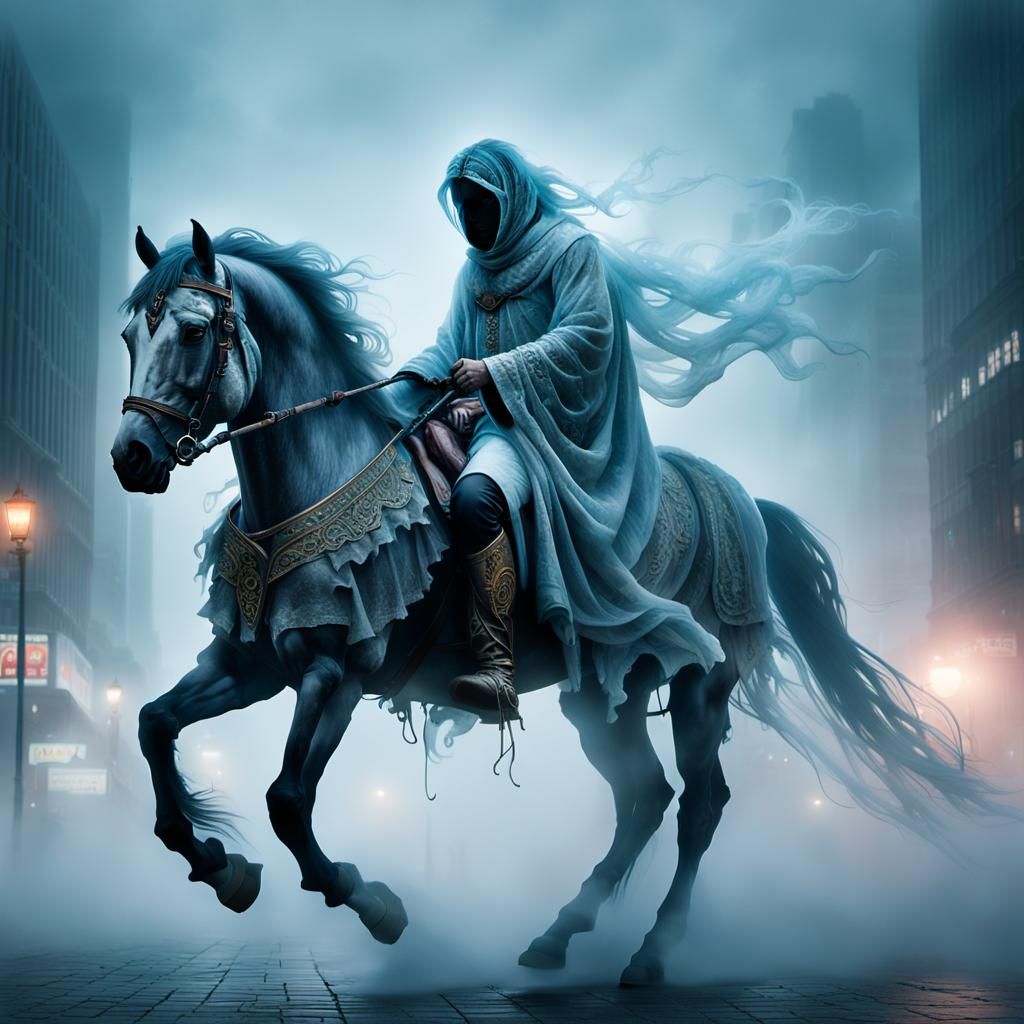a ghostly rider draped in ancient, tattered robes rides a majestetic spectral horse through a modern city at dusk.