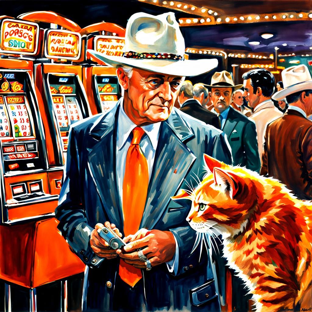 Man with Cat in 1970s Casino: Watercolor Painting