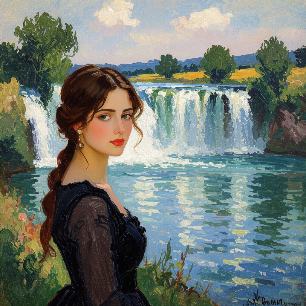 Woman by Waterfall in Impressionist Style