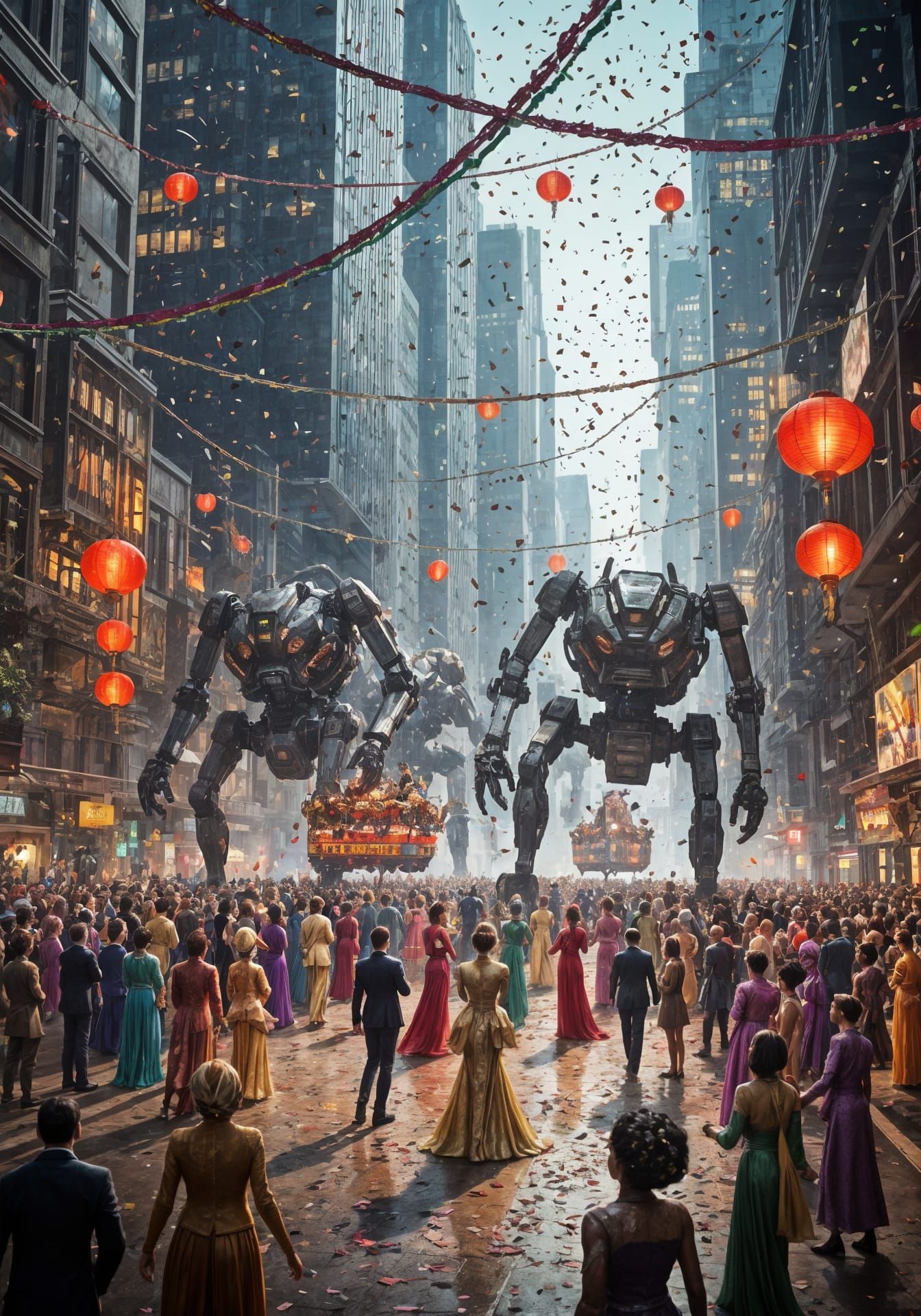 Futuristic City Celebration with Robotic Parade